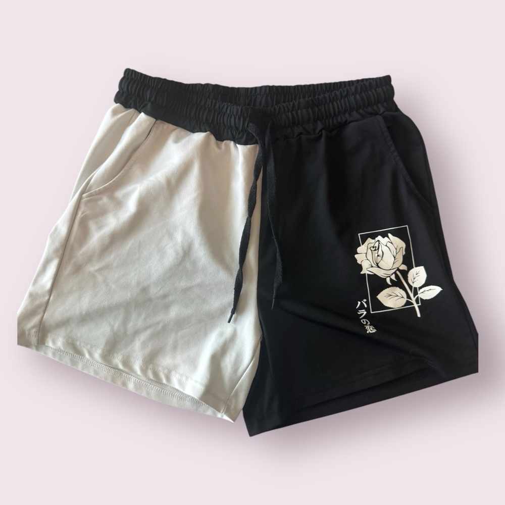 SHEIN Two Tone Rose Print Shorts Black White Streetwear Size S - Picture 4 of 6